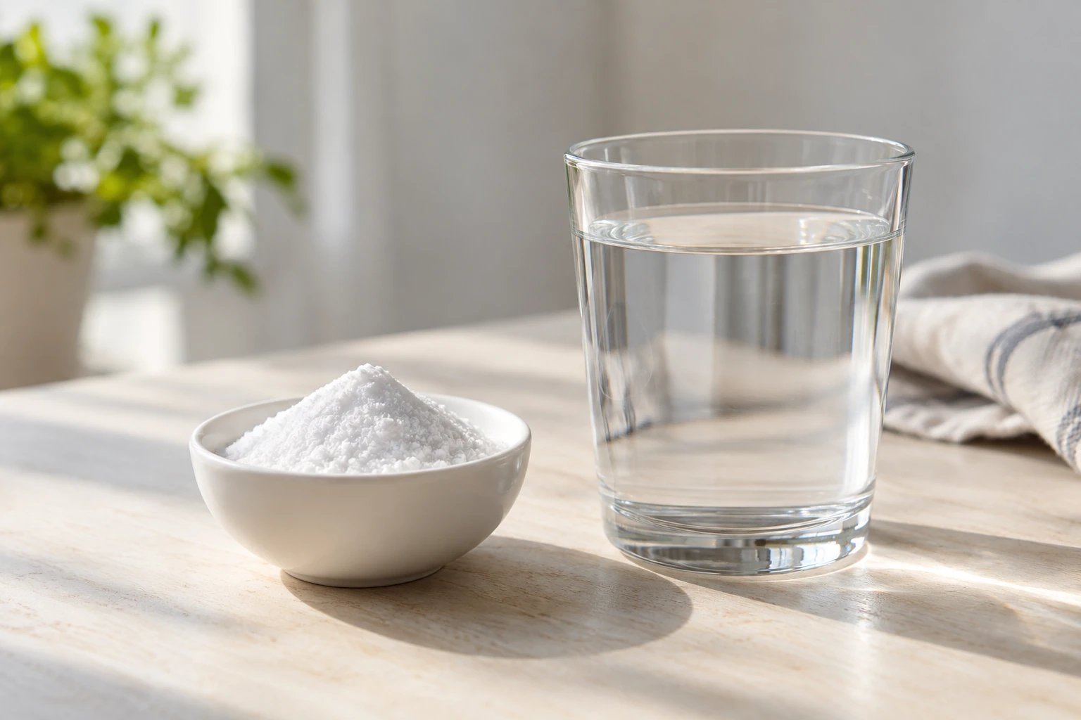 Petit bol de poudre blanche à côté d'un verre d'eau sur une table ensoleillée
