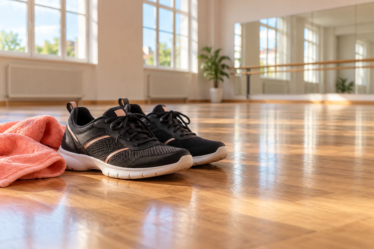Baskets noires posées sur parquet brillant dans studio de danse lumineux avec serviette jaune-orange