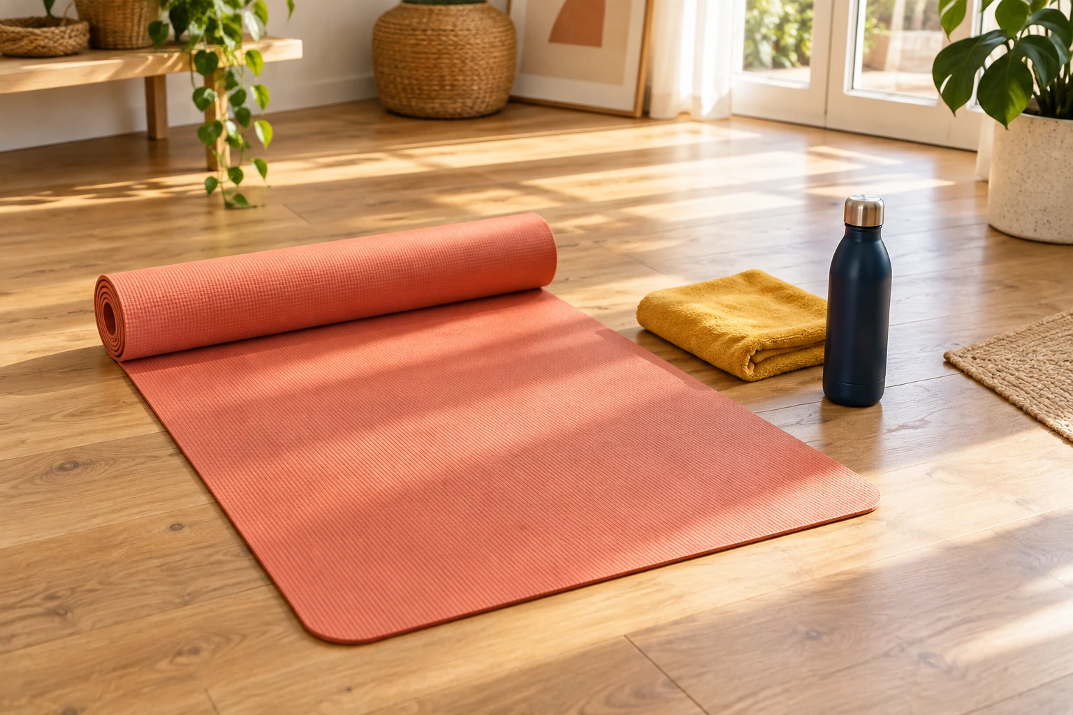 Tapis de sol rose partiellement roulé, serviette jaune et gourde sur parquet lumineux
