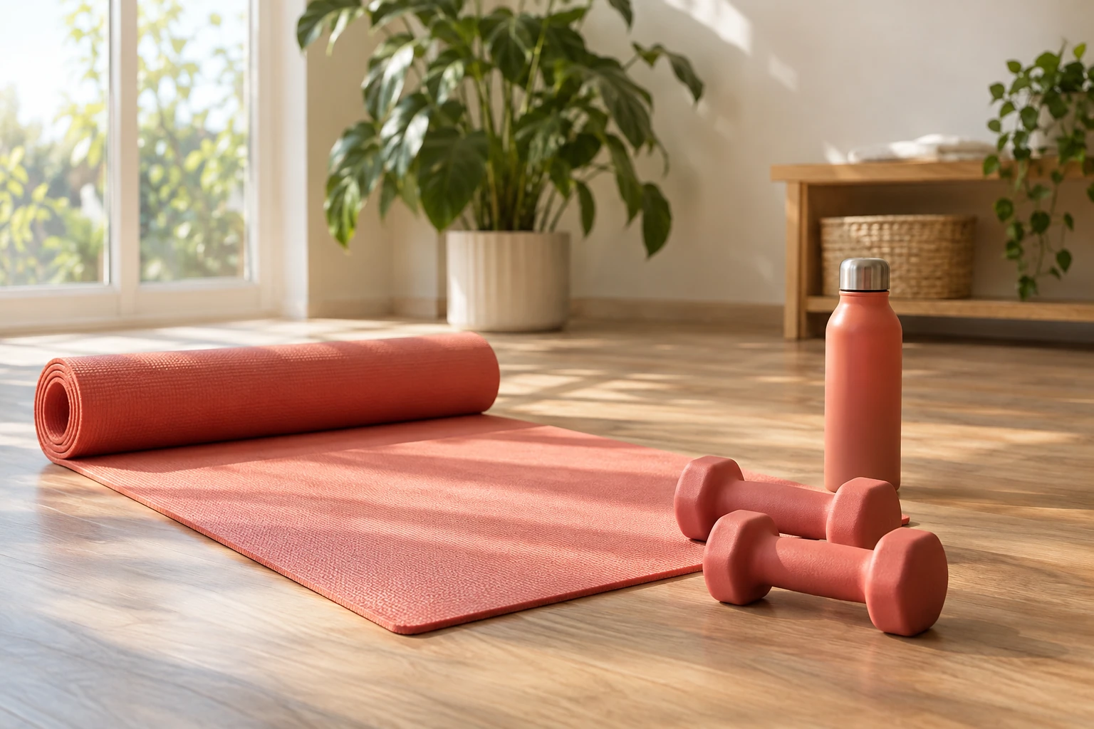 Tapis de yoga déroulé, deux haltères et gourde corail sur parquet lumineux
